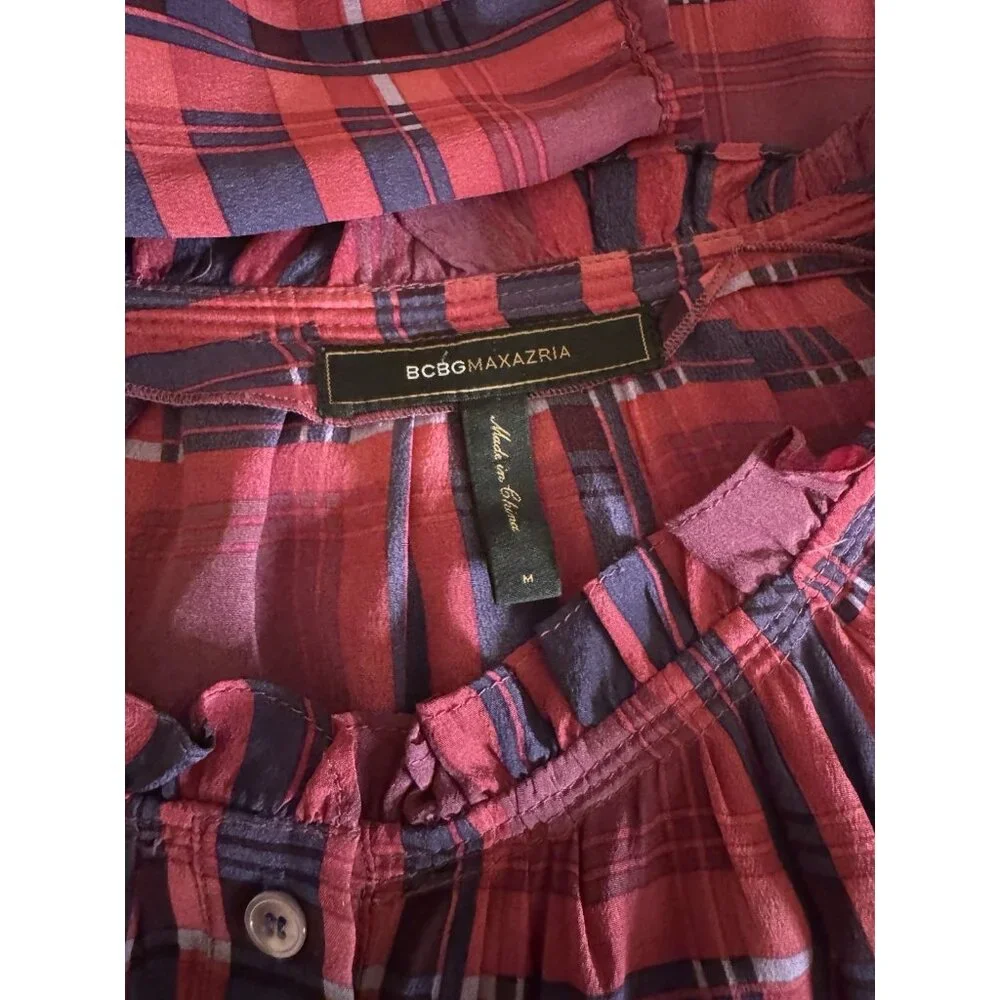 BCBGMAXAZRIA Top Blouse Shirt M Medium SILK Blue Berry Red Plaid Ruffle Trim